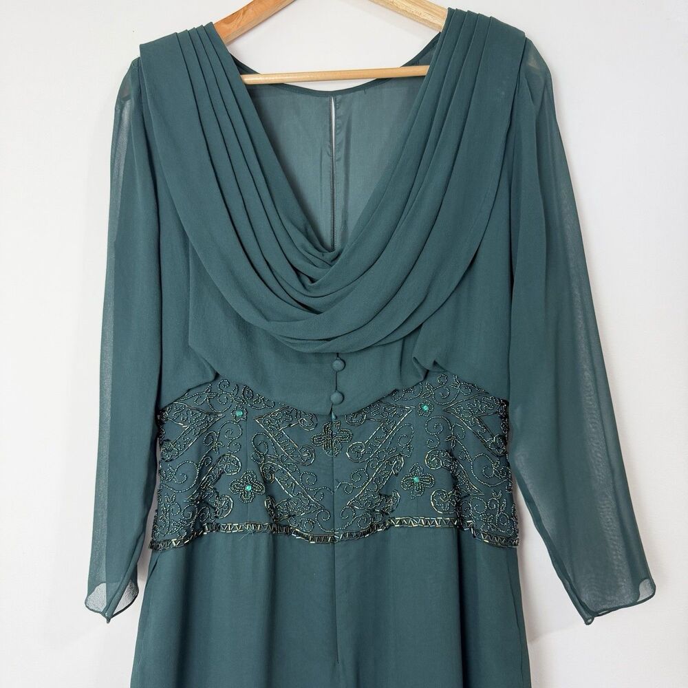 A.J. Bari Silk Dress Green Draped Back Beaded Waist Women’s 10